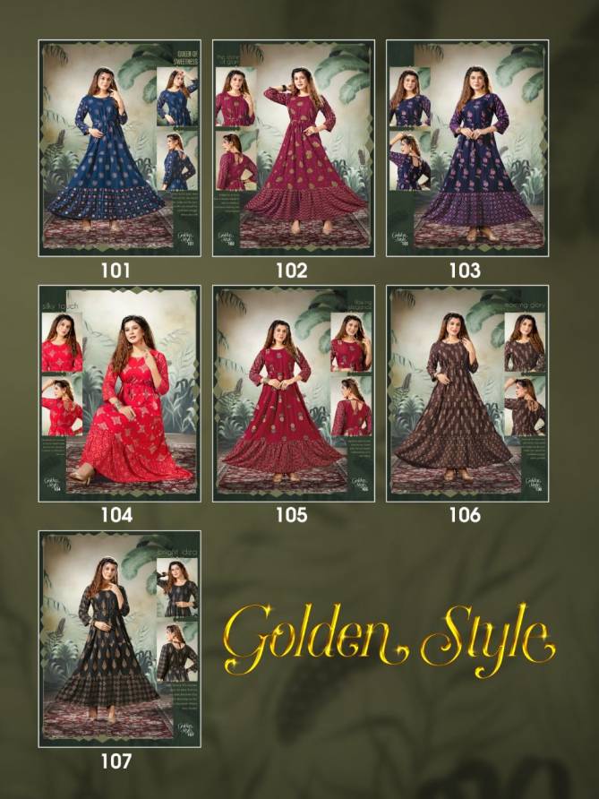Golden Style Fancy Ethnic Wear Printed Rayon Anarkali Long Kurti Collection